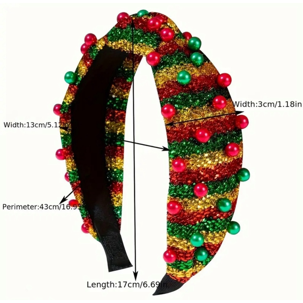Christmas Shimmer Red, Green and Gold Top Knot Headband with Faux Pearls - Picture 3 of 3